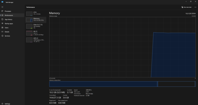 Laptop experiencing high RAM usage while multiple applications and browser tabs are open, illustrating how limited memory can affect system performance.